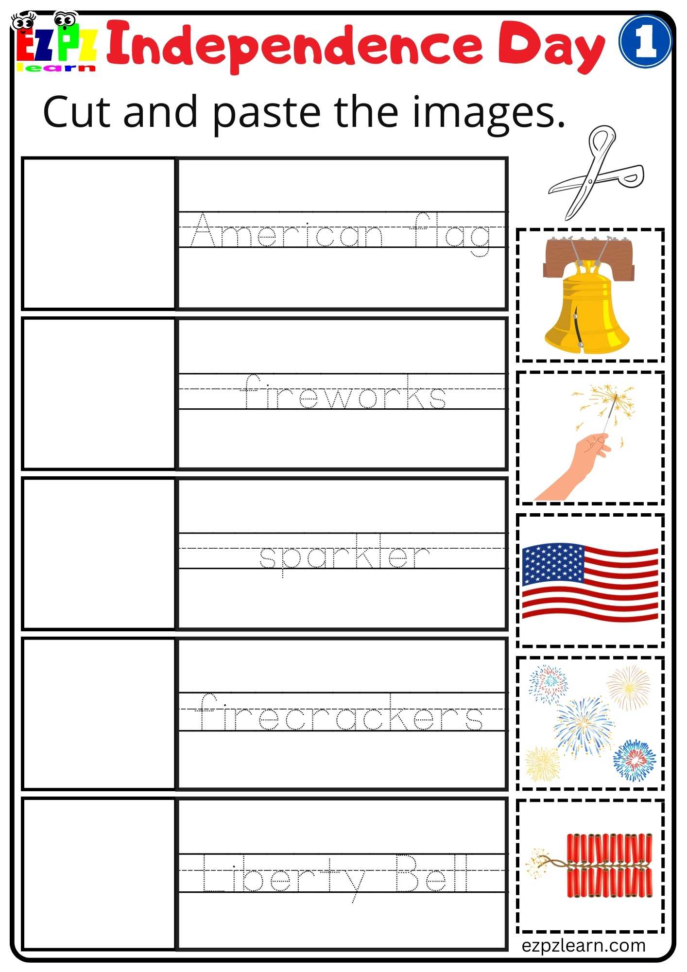 Cut and Paste Worksheet for Independence Day Group 1